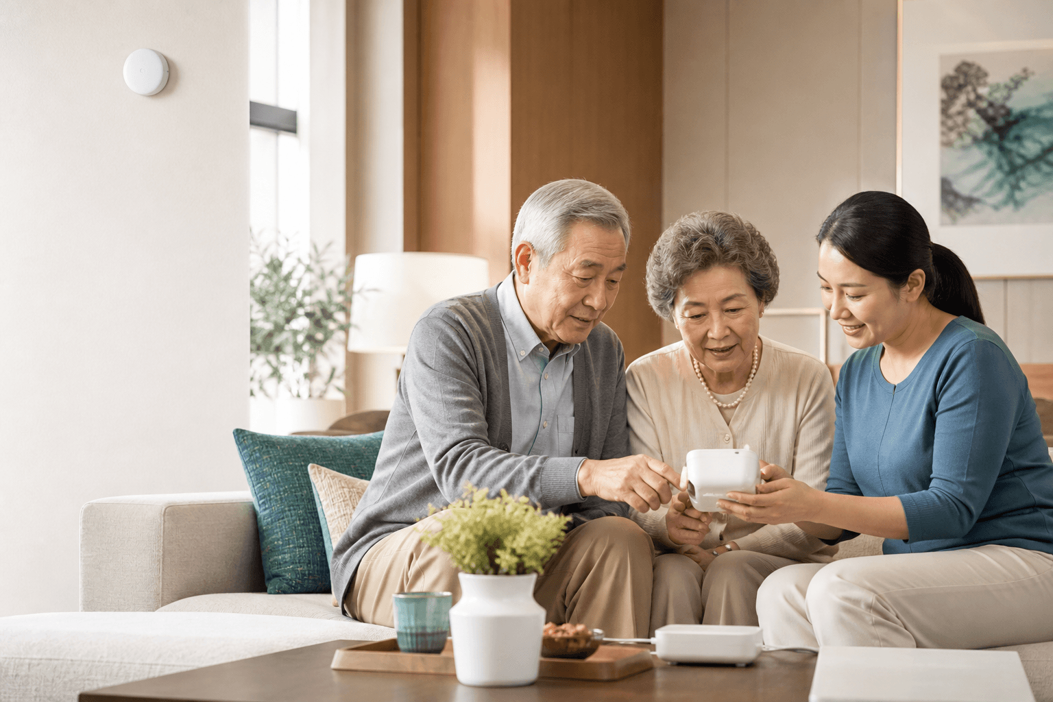 长者与家人在智能设备辅助下共同查看健康信息
